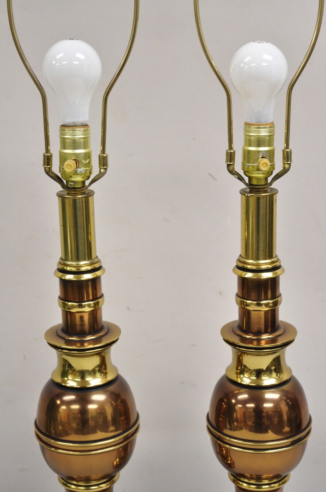 Vintage Hollywood Regency Brass & Copper Faux Bamboo Table Lamps - a Pair