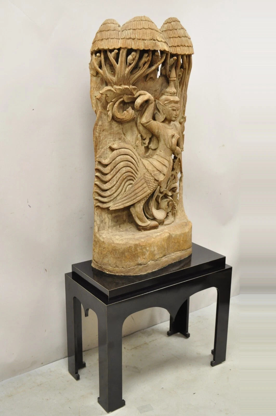 Vintage Burmese Carved Wood Oriental Large Figural Statue Sculpture on Base
