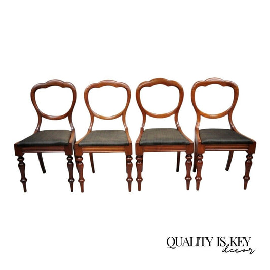 Antique English Victorian Balloon Back Mahogany Library Side Chairs - Set of 4