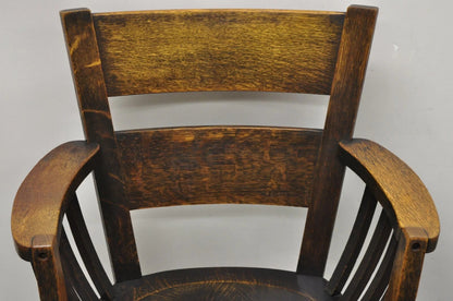 Antique Arts & Crafts Mission Oak Bowed Spindle Plank Seat School Arm Chair