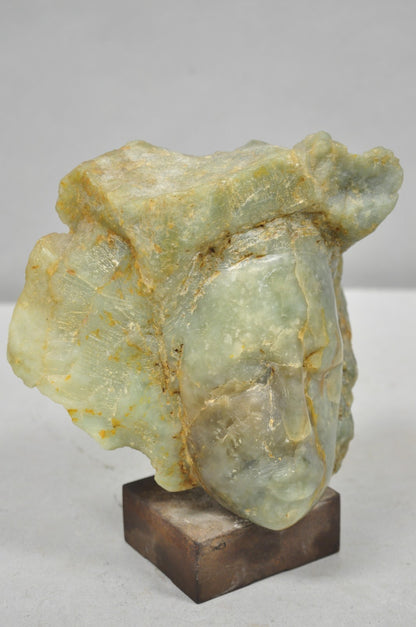 Vintage Chinese Carved Green Soapstone 8" Bust Head Small Figure Sculpture