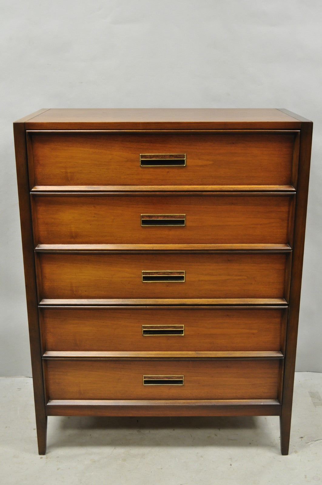 Vintage Drexel Mid Century Modern Walnut 5 Drawer Tall Chest Dresser Highboy