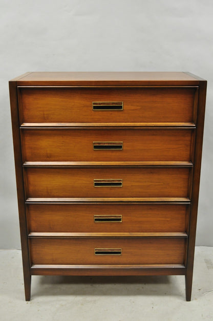 Vintage Drexel Mid Century Modern Walnut 5 Drawer Tall Chest Dresser Highboy