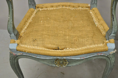 Antique French Louis XV Style Blue Painted Cane Back Fauteuil Arm Chairs - Pair