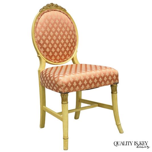 French Victorian Hollywood Regency Cream Paint Rose Carved Pink Side Chair