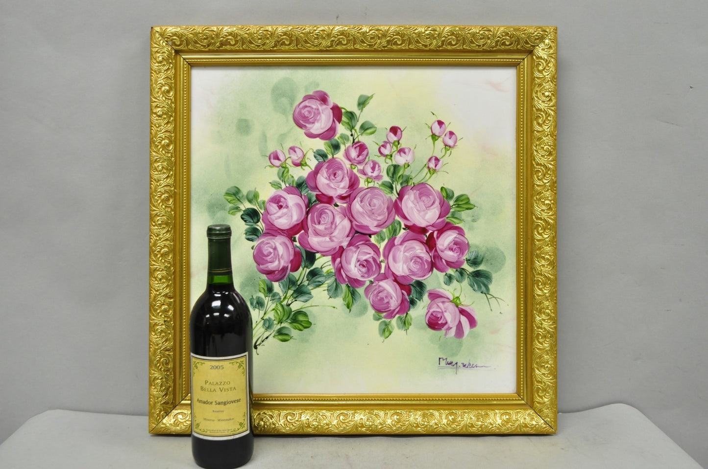 Mary Wilson French Hand Painted Porcelain Plaque Pink Rose Flower Painting (A)