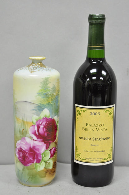 Antique Nippon Hand Painted Pink Rose & Lake Scene Small Porcelain Cylinder Vase