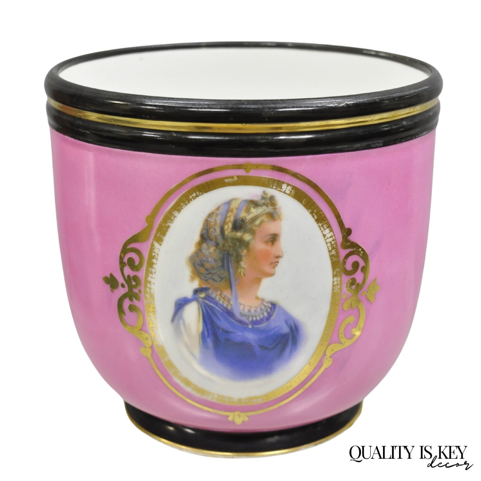 Antique French Porcelain Pink Hand Painted Portrait Cachepot Jardiniere Vase
