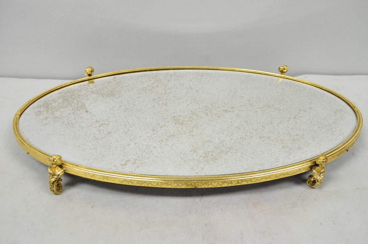 Vintage Hollywood Regency Gold Maiden Bust Oval Beveled Glass Mirror Vanity Tray