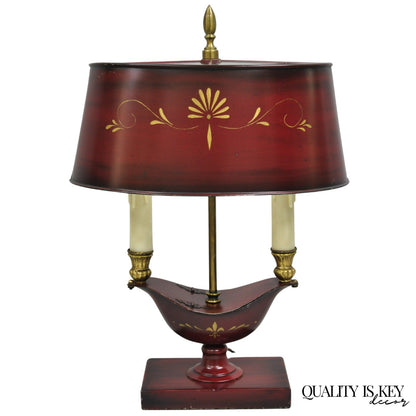 Vintage French Empire Red Painted Tole Metal Bouillotte Desk Table Lamp w/ Shade