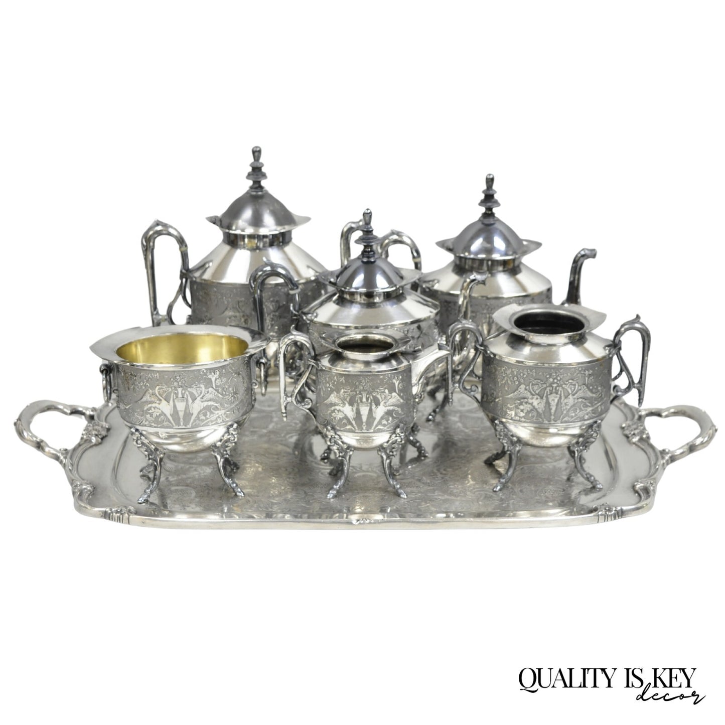 Antique English Baroque Silver Plated Figural Tea Set w/ Rogers Bro Tray - 7 Pcs