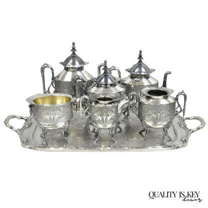 Antique English Baroque Silver Plated Figural Tea Set w/ Rogers Bro Tray - 7 Pcs
