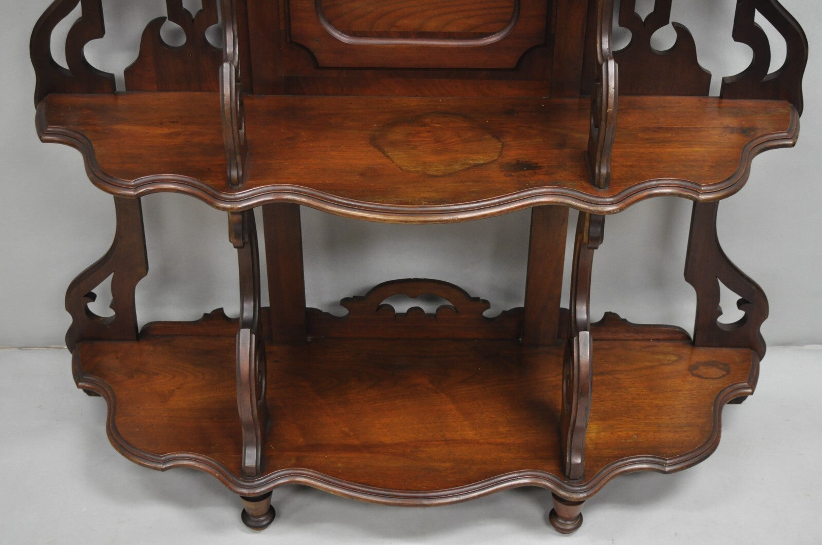 Antique Victorian Rococo Grapevine Carved Walnut Etagere Curio Shelf w/ Mirror