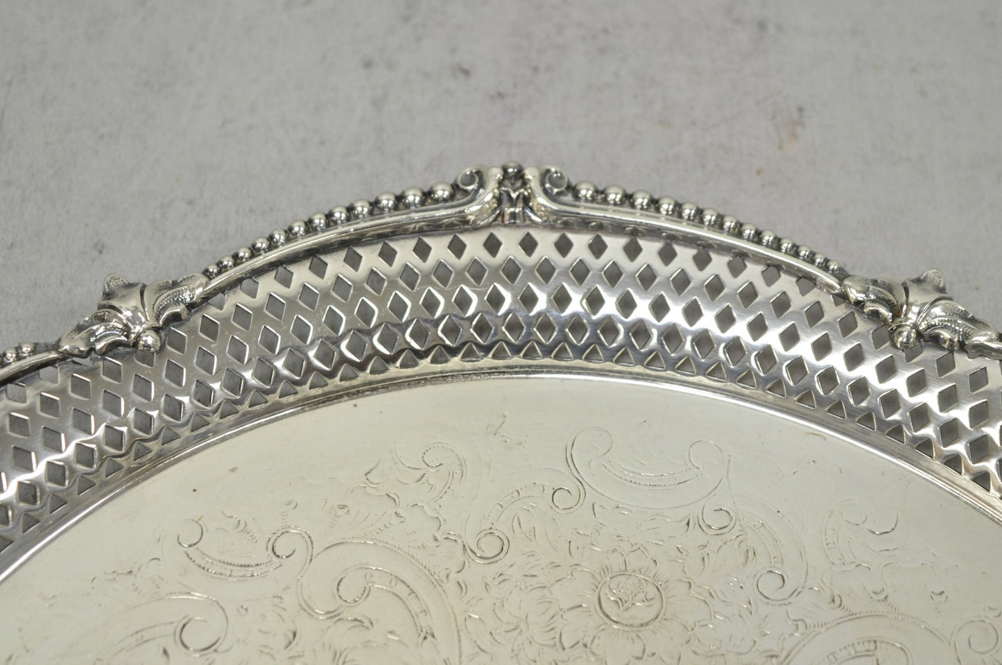 Vintage Barker Ellis English Edwardian Silver Plated Pierced Round Platter Tray