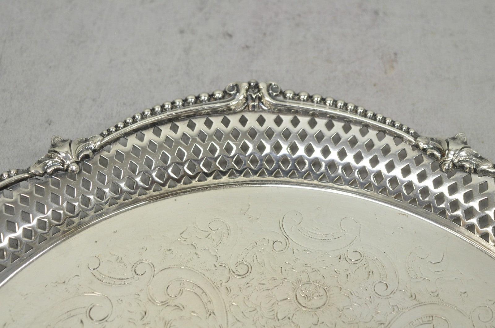 Vintage Barker Ellis English Edwardian Silver Plated Pierced Round Platter Tray