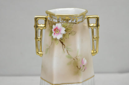 Antique Nippon Twin Handled Pink Hand Painted Porcelain Hexagon Gold Rimmed Vase