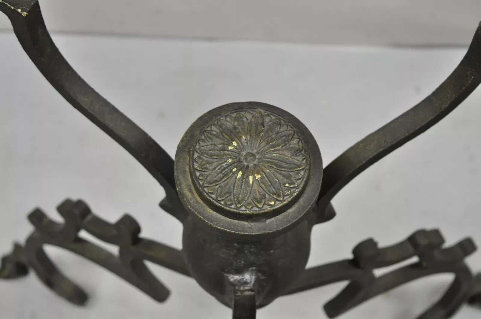 Vintage Gothic Style Wrought Iron Scrolling Base Round Glass Top Center Table