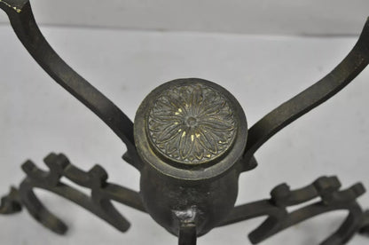 Vintage Gothic Style Wrought Iron Scrolling Base Round Glass Top Center Table