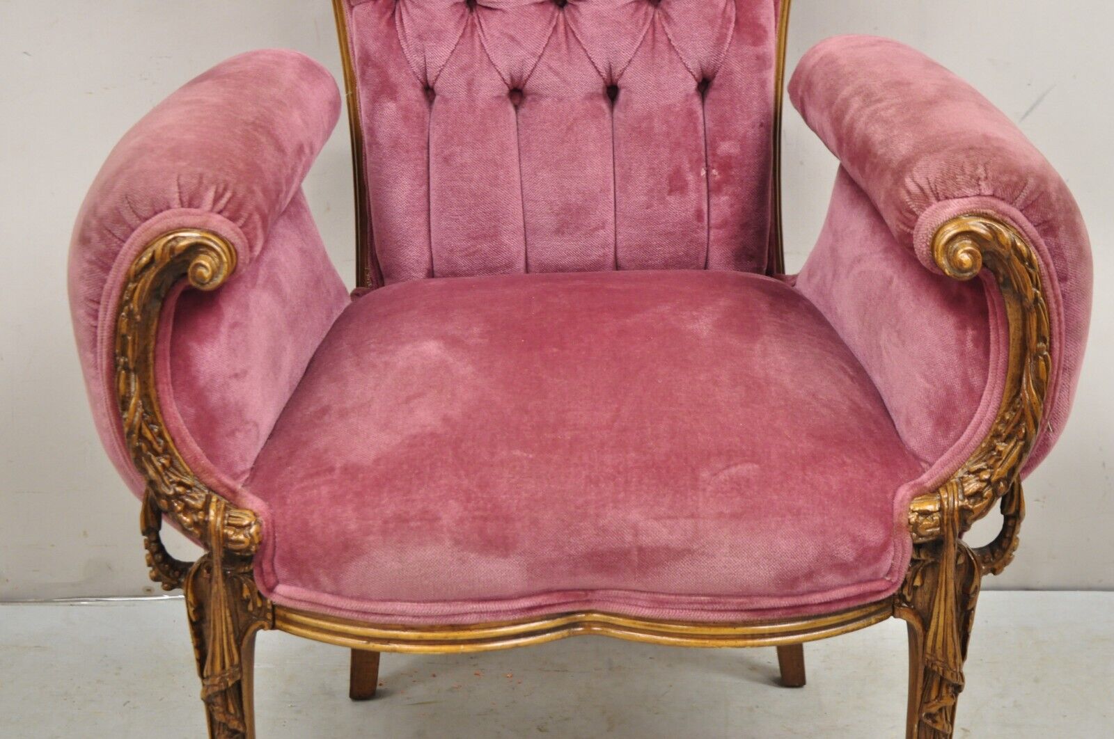 Antique Victorian Pink Tufted Carved Wood Parlor Arm Chair