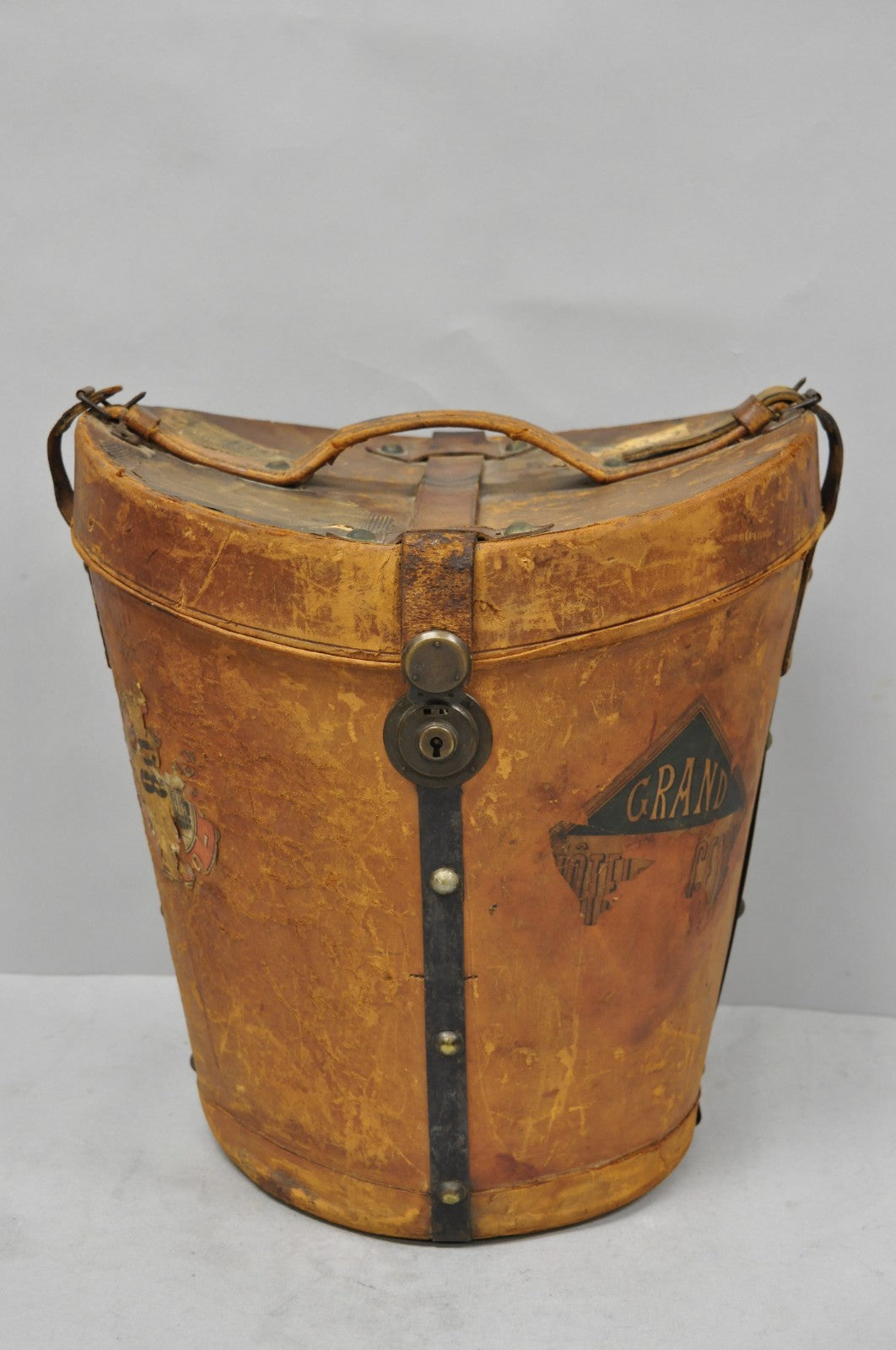 English Art Deco Brown Leather Travel Case Suitcase w/ Stickers & Beaver Top Hat