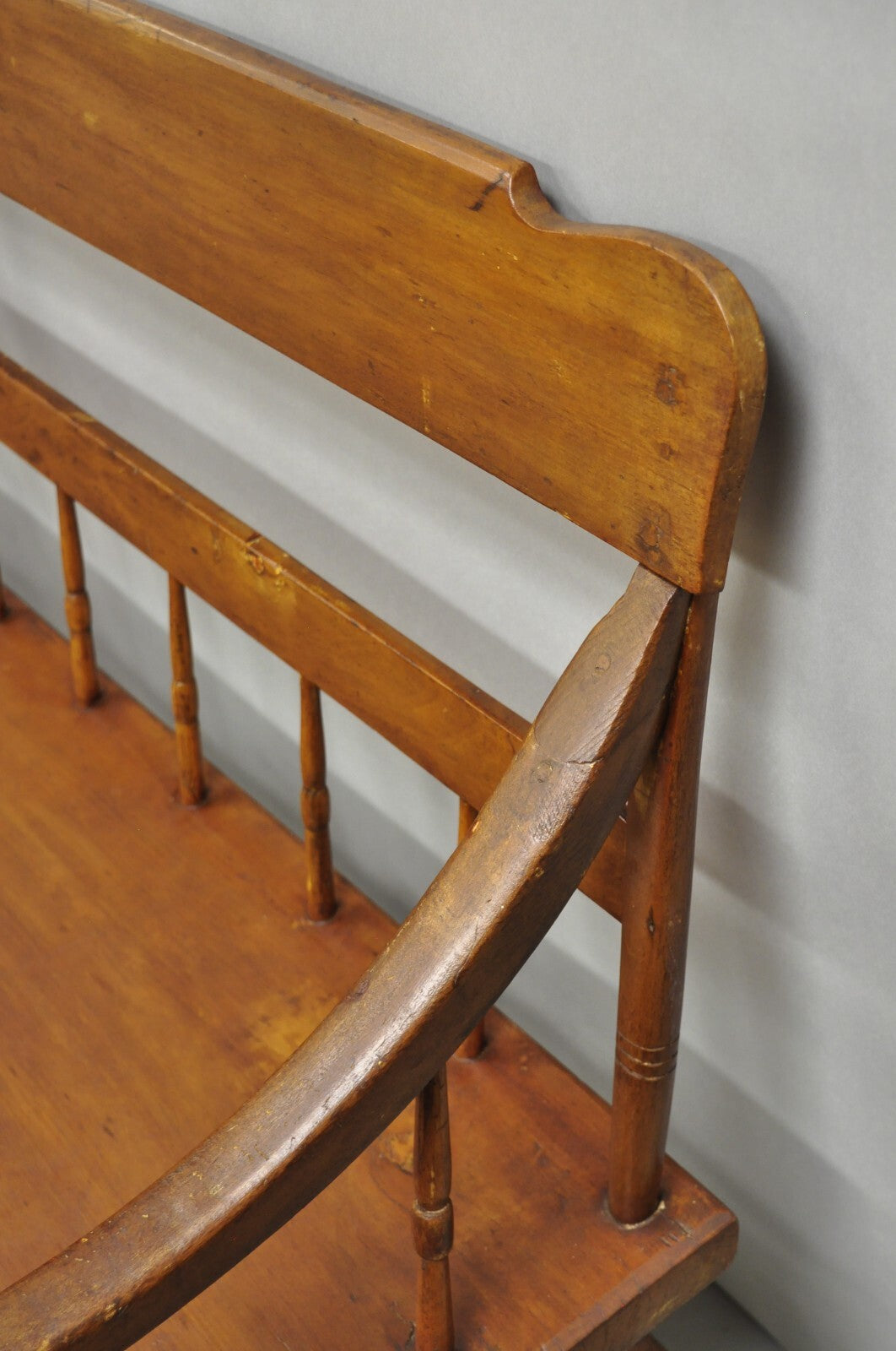 Antique American Colonial Farmhouse Spindle Back Pine Wood 8 Leg 72" Long Bench