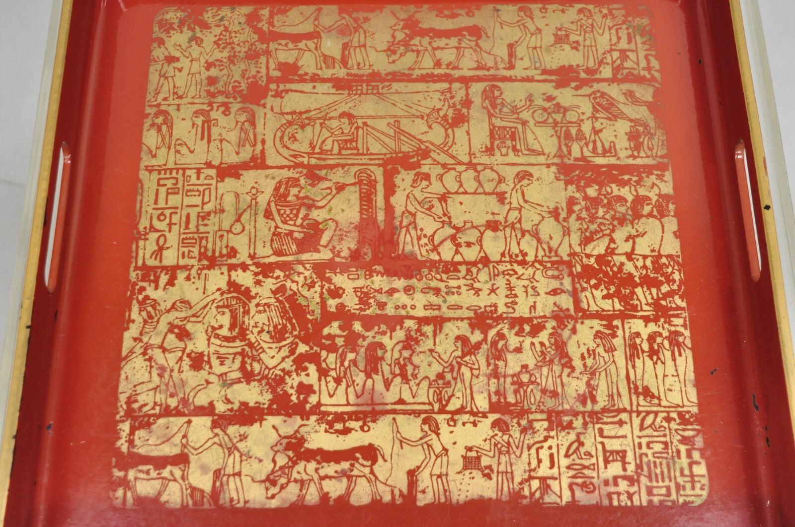 Red Lacquered Wood Ancient Egyptian Hieroglyphic Gold Papyrus Square Bar Tray