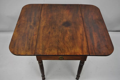 Antique 19th C. Sheraton Mahogany Turn Carved Spiral Leg Drop Leaf Dining Table