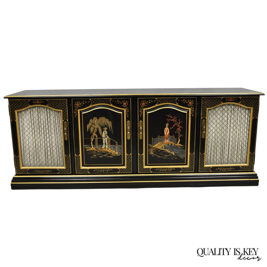 Habersham Chinoiserie Black Lacquer Credenza Buffet Media Entertainment Cabinet