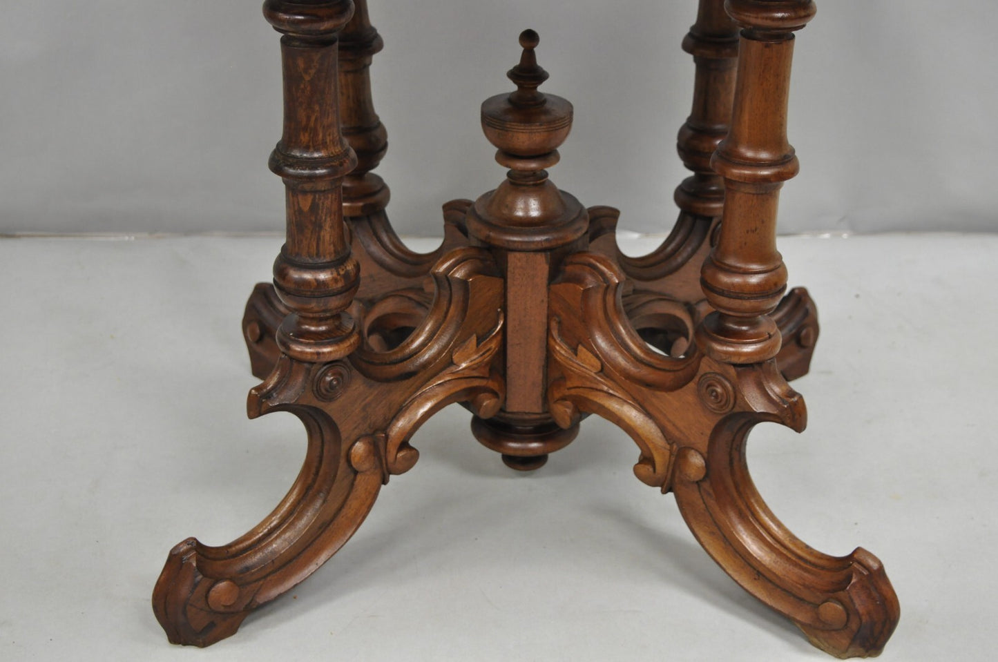 Antique Eastlake Victorian Carved Walnut Pedestal Base Marble Top Parlor Table