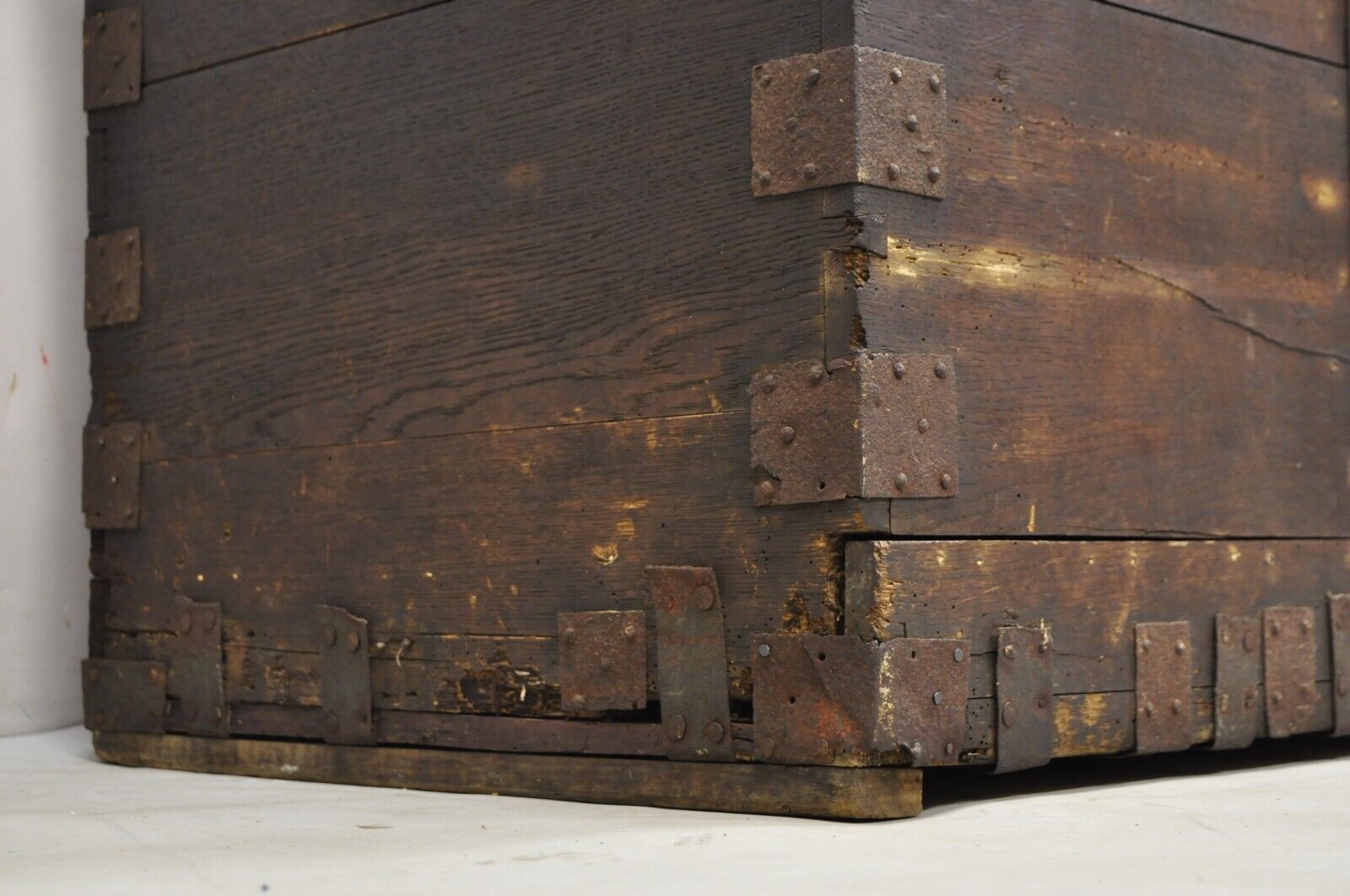 19th C. English Oak Wood and Steel Banded Safe Storage Cabinet Chest Trunk