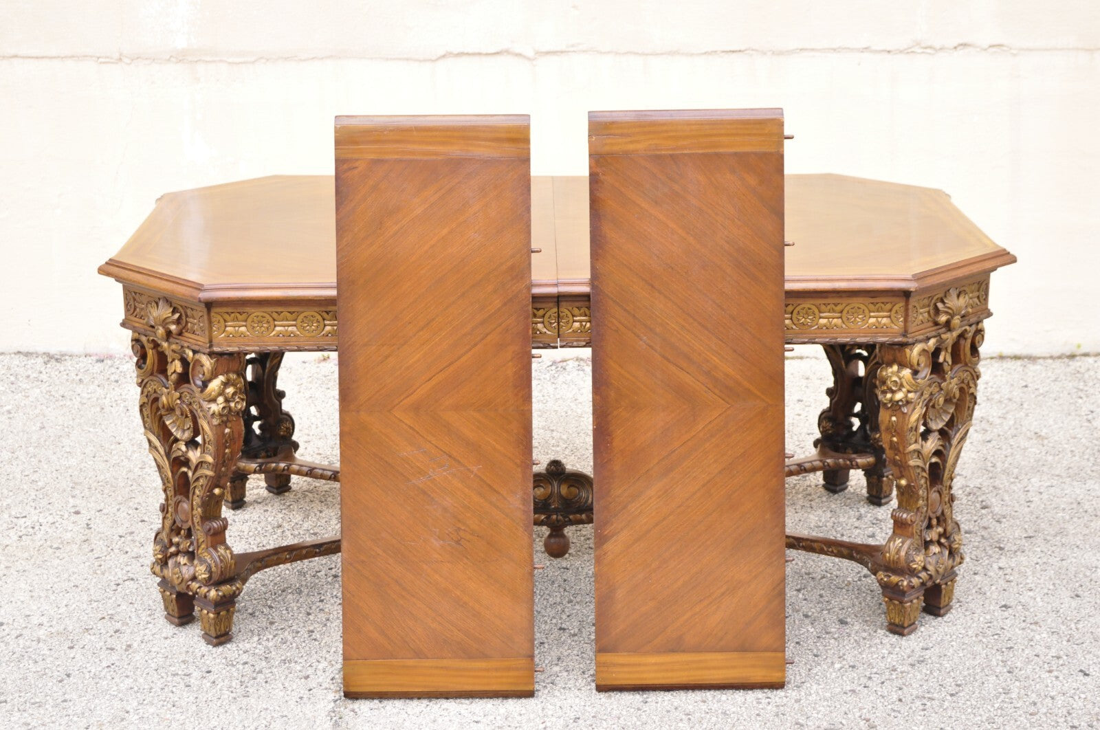 Antique French Baroque Rococo Revival Carved Walnut Dining Table w/ 2 Leaves