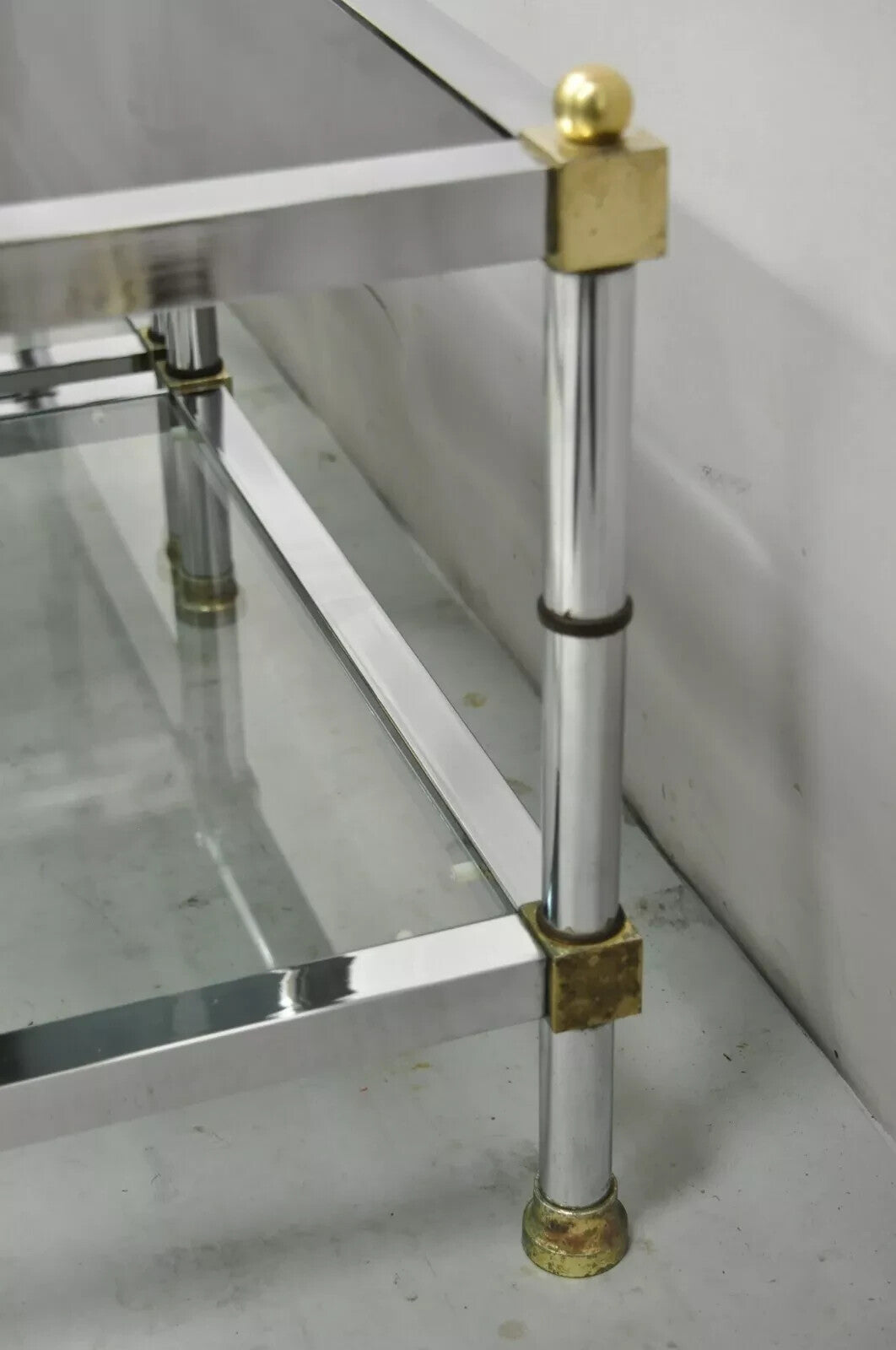 Hollywood Regency Maison Jansen Style Chrome & Brass Square End Tables - a Pair