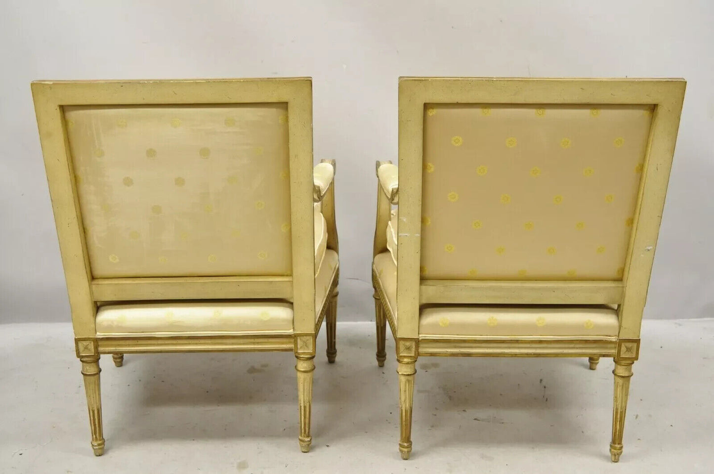 French Louis XVI Neoclassical Gold Silk Fauteuil Parcel Gilt Arm Chairs - a Pair