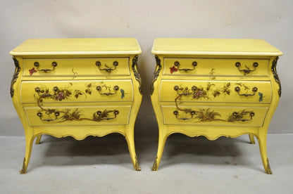 Vintage Chinoiserie French Louis XV Yellow Painted 3 Drawer Nightstands - a Pair