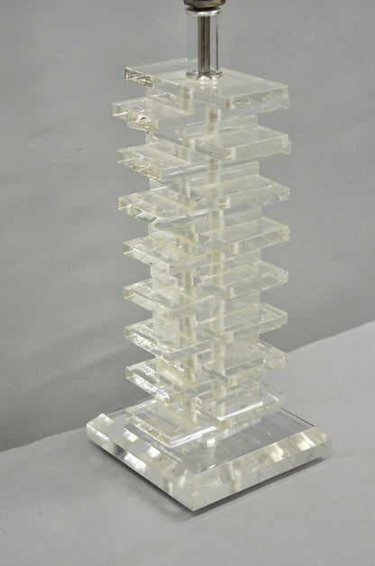 Vintage Mid Century Modern Lucite Acrylic Stacked Skyscraper Table Lamp