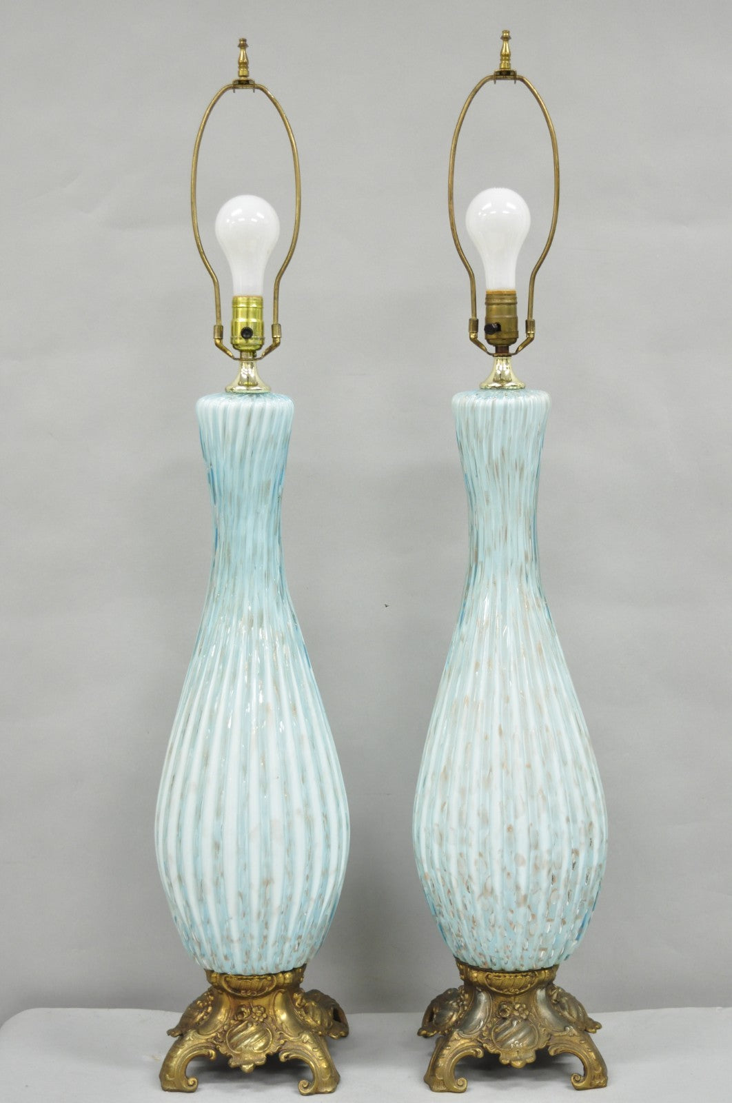 Vintage Mid Century Modern Blue Italian Murano Glass Gold Bubble Table Lamp Pair