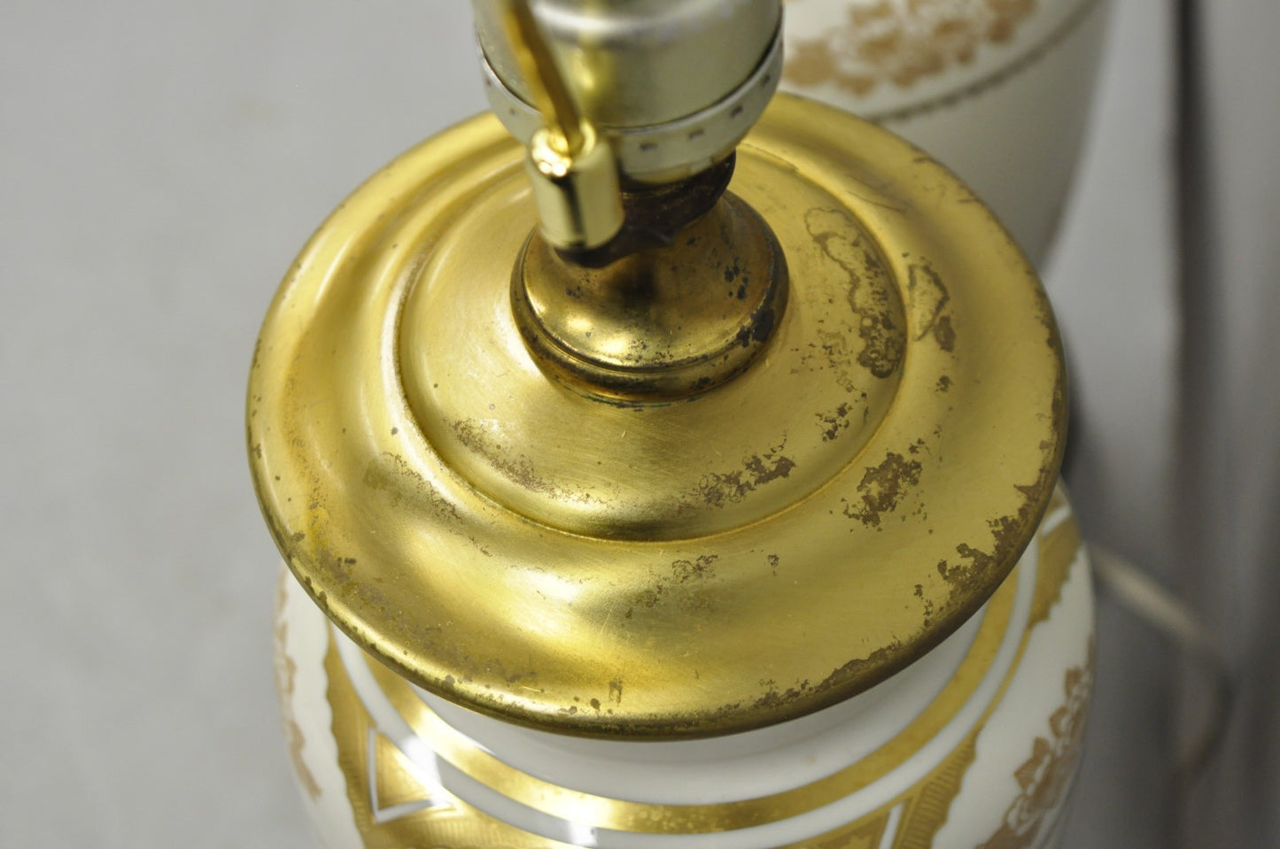Vintage Victorian Cream & Gold Gilt Porcelain Table Lamps attr Lenox - a Pair