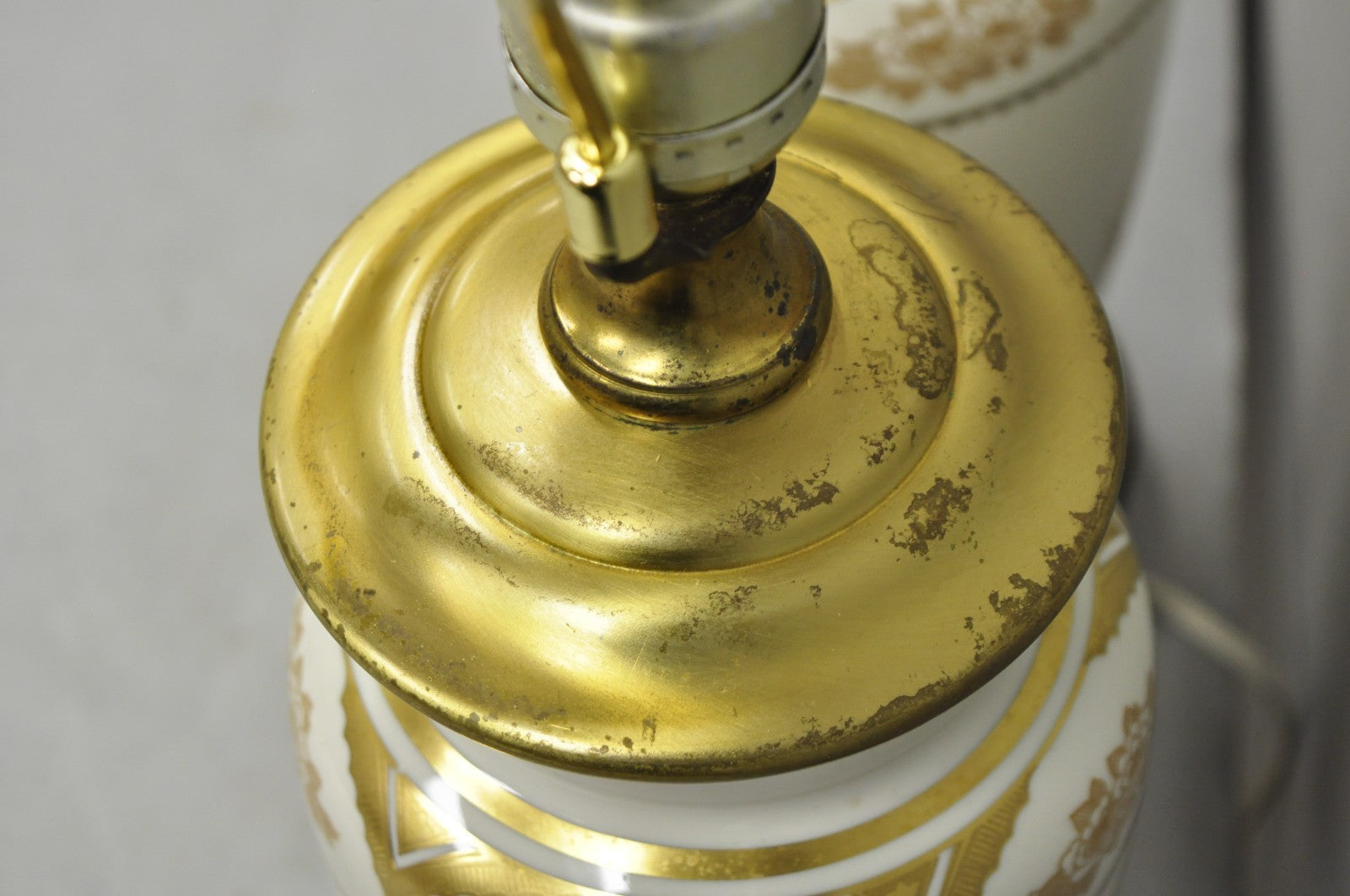 Vintage Victorian Cream & Gold Gilt Porcelain Table Lamps attr Lenox - a Pair