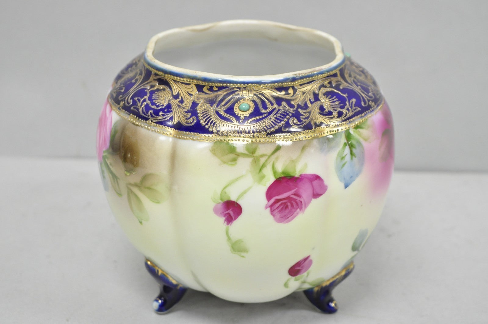 Antique Nippon Hand Painted Moriage Pink Rose Porcelain Biscuit Jar Vase