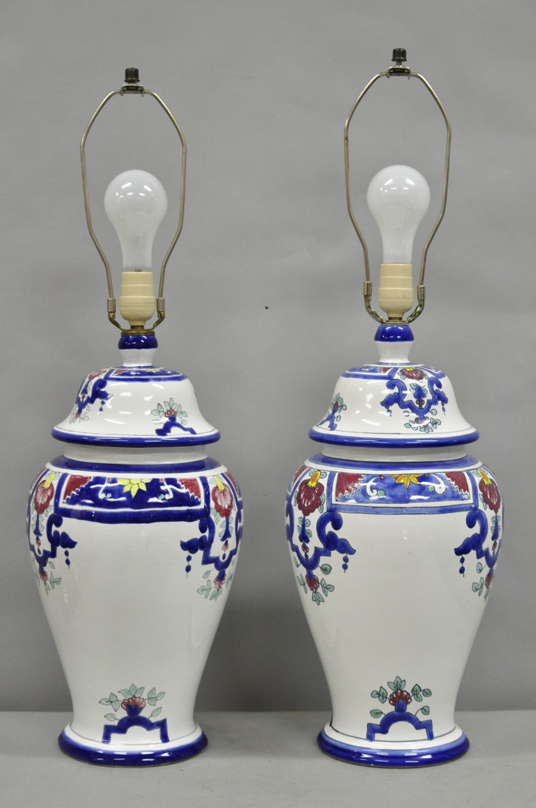 Vintage Chinoiserie White Blue Porcelain Ceramic Jardiniere Table Lamp - a Pair