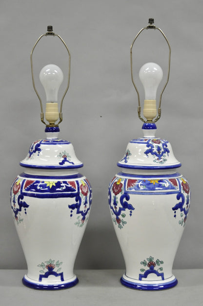 Vintage Chinoiserie White Blue Porcelain Ceramic Jardiniere Table Lamp - a Pair