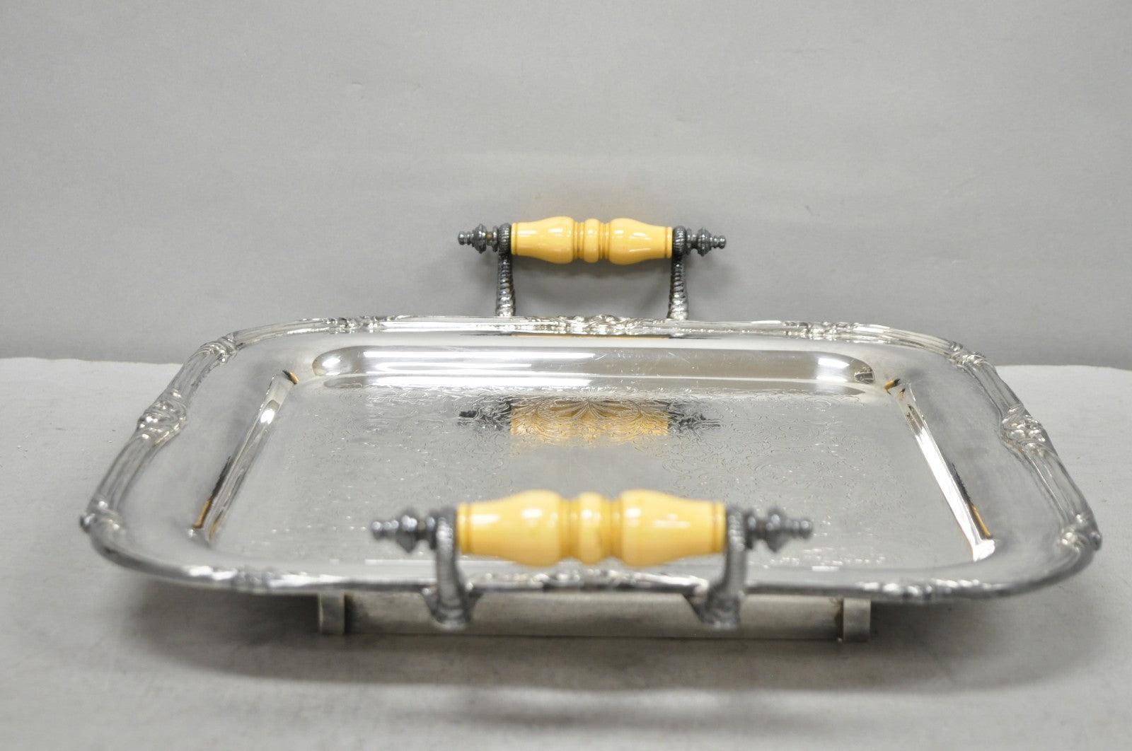 Vintage Sheffield Silver Plated Square Serving Bar Tray w/ Celluloid Handles