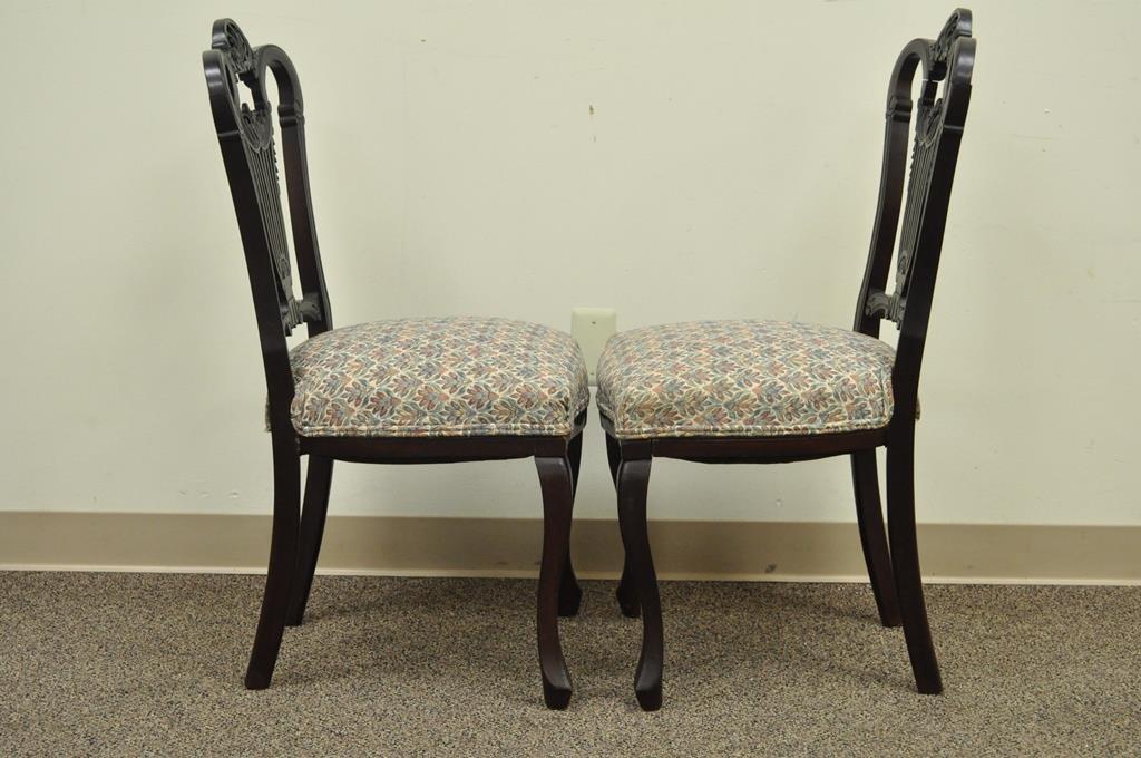 Antique Victorian Carved Mahogany Lyre Back Small Accent Side Chairs - a Pair