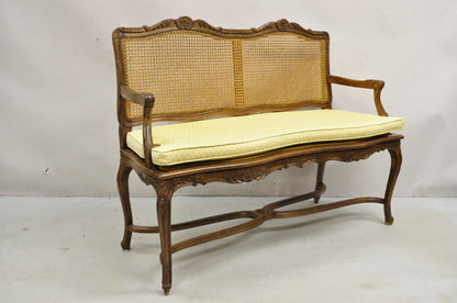 Vintage French Country Provincial Louis XV Style Carved Wood Cane Bench Settee