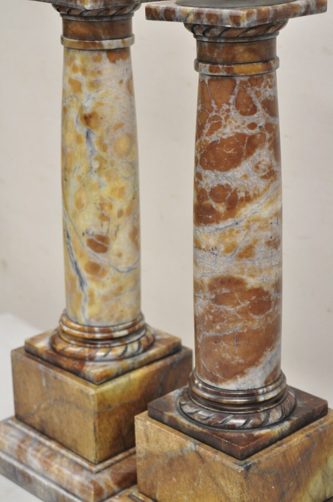 Contemporary Italian Neoclassical Rouge Marble Column Empire Table Lamps - Pair