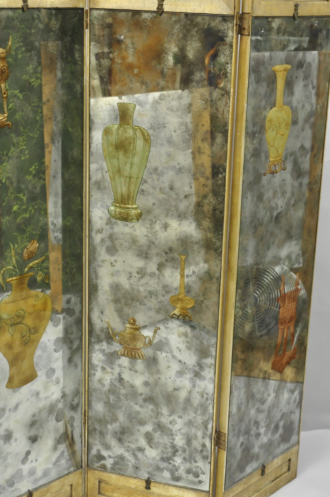 Antique Chinoiserie Oriental Eglomise Antiqued Mirror Glass 3 Panel Room Screen
