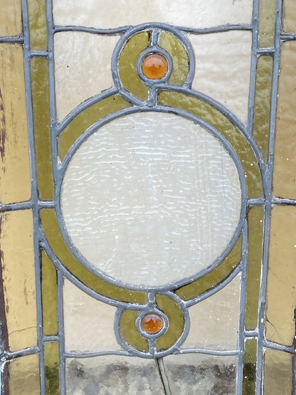 Antique Victorian Green Stained Glass Window Orange Jewel in Wood Frame Set of 3