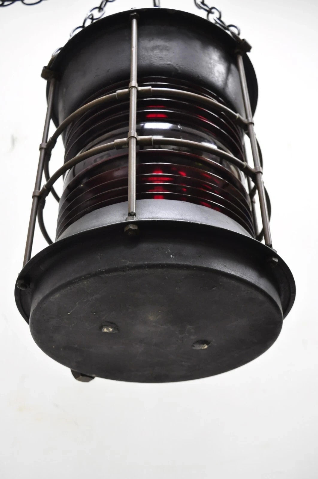 Antique Durkee Marine Ship Lantern Fixture Red Fresnel Pendant Chandelier (A)