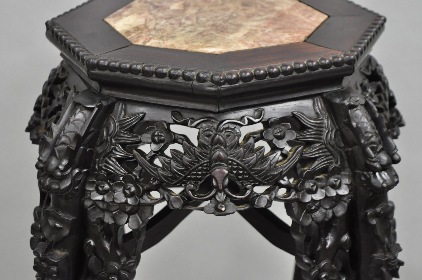Antique Chinoiserie Chinese Carved Hardwood Marble Top 36" Pedestal Plant Stand