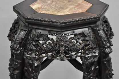Antique Chinoiserie Chinese Carved Hardwood Marble Top 36" Pedestal Plant Stand